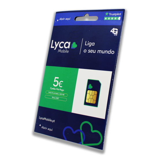 LYCAMOBILE SIM PRÉ-PAGO 5 EUROS DE CRÉDITO, 500 MB DE DADOS E 3 GB DE BÔNUS PARA INTERNET